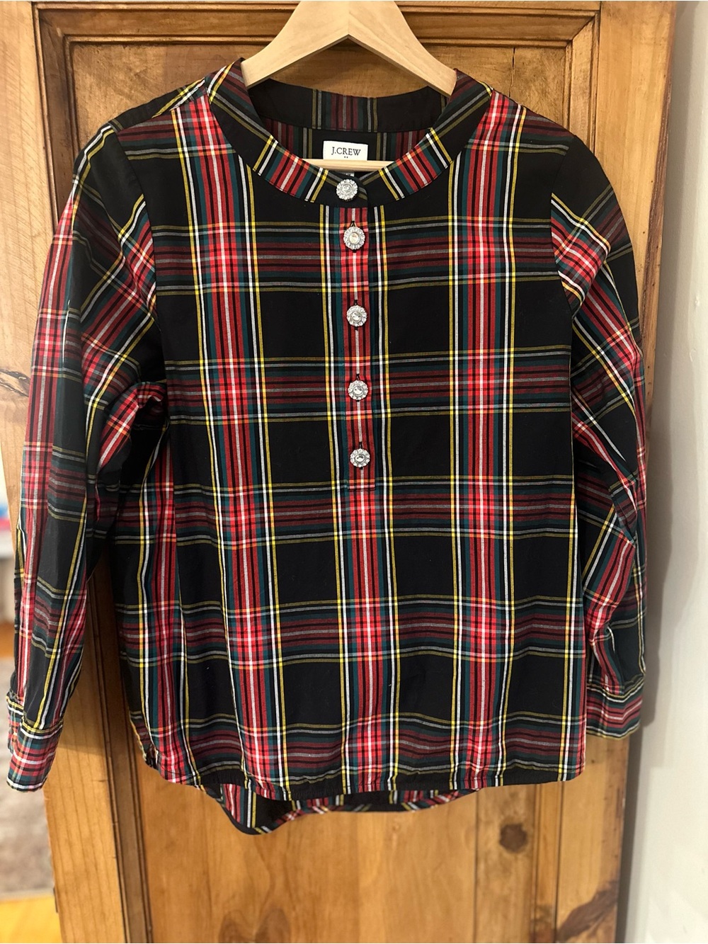J. Crew Tartan Poplin Top with Jewel Buttons Black Stewart Poplin Pattern MP